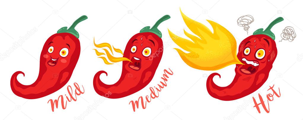Vector st illustration of a spicy chilli peppers with flame. Cartoon red chilli for mexican or thai food. Cartoon different red chillies.