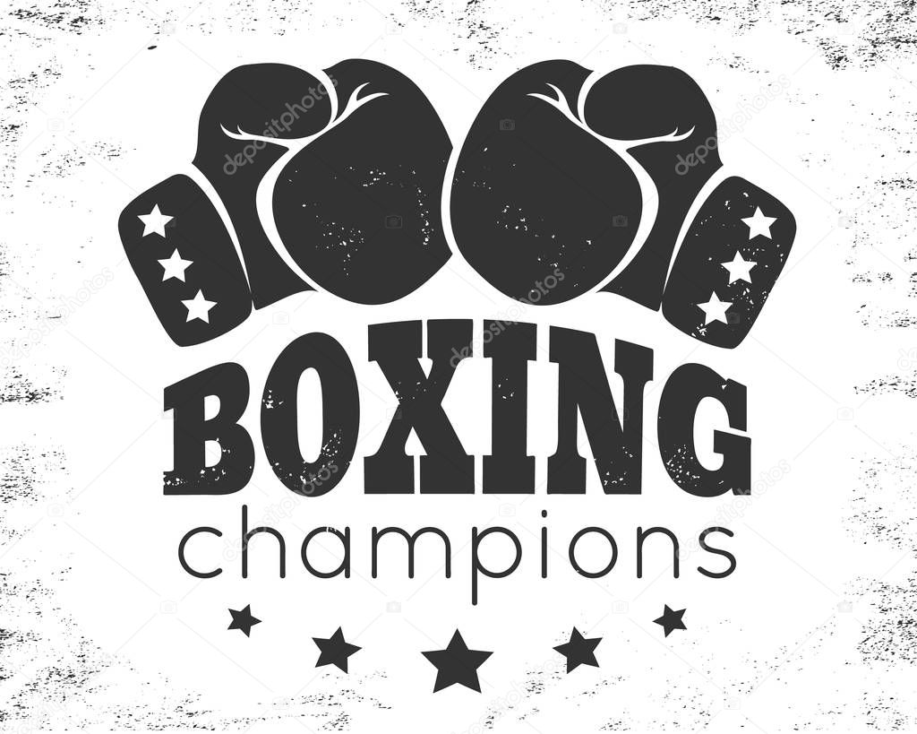 Vector vintage logo for a boxing with two gloves. Retro emblem for boxing with gloves.