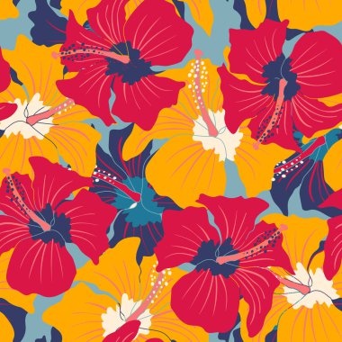 Vektör vintage Dikişsiz desen renkli hibiscuses ile. Ebegümeci ile Retro çiçek desenli