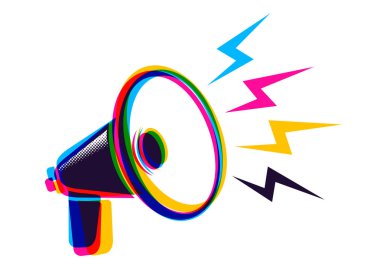 Vector vintage poster with retro megaphone in CMYK colors. Vector megaphone in CMYK style. clipart