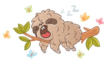 Bir uyku tembel dalı yeşil yaprakları ile vektör Illustration. Tembellik ve butterflyes.