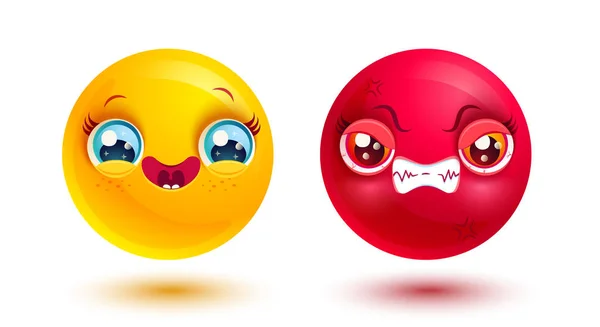 Vector Fait Deux Sourires Emoji Drôle Colère Dans Style Kawaii — Image vectorielle