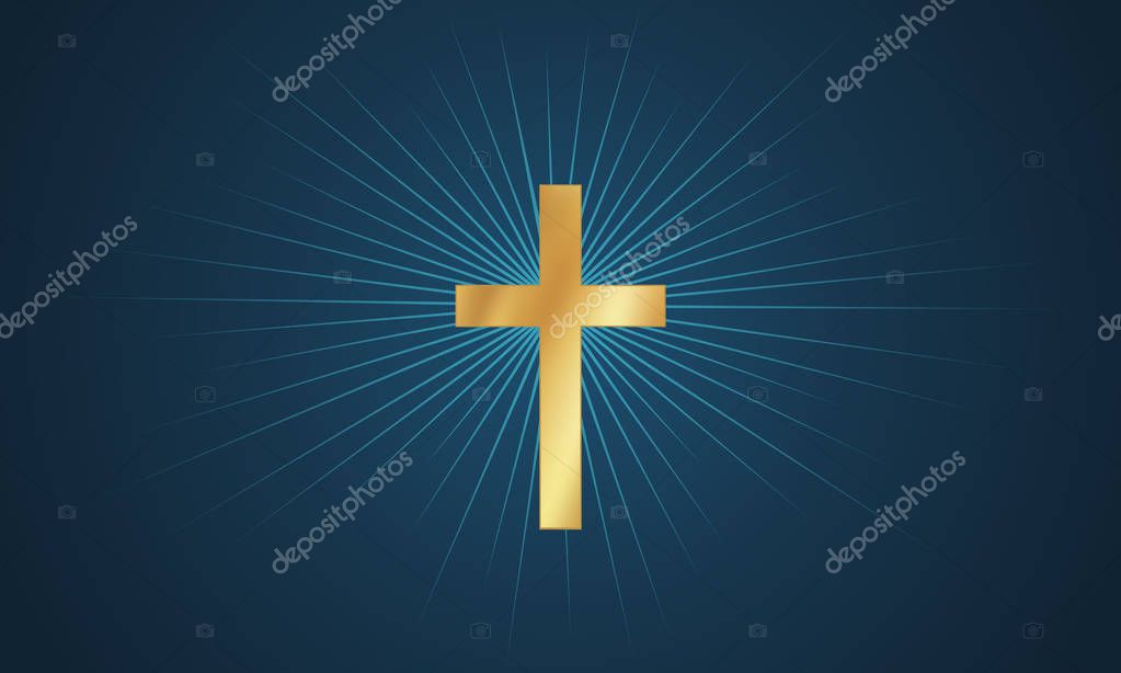 Vector illustration of a golden cross on blue background. Cross in glow