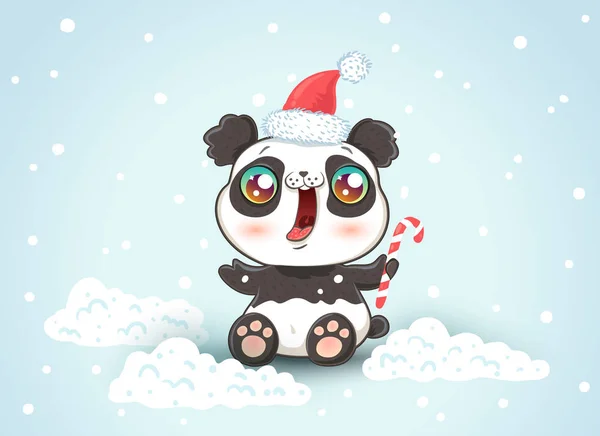 Vector Illustration Cute Panda Christmas Hat Panda Snow Kawaii Style — Stock Vector