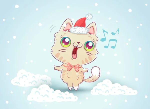 Vector Illustration Cute Cat Christmas Hat Kitty Snow Kawaii Style — Stock Vector