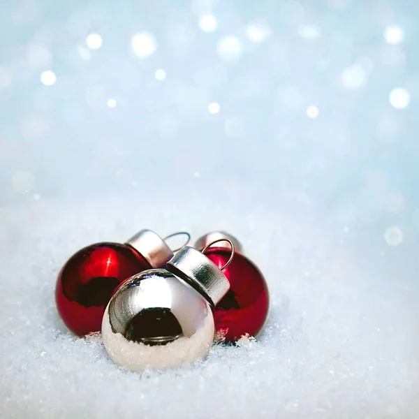 Three Christmas Balls Different Colors Snow — Stock Photo, Image