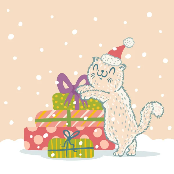 Vector Illustration Cute Cat Christmas Gifts Cat Christmas Hat — Stock Vector