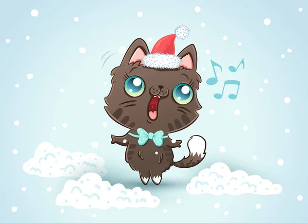 Vector Illustration Cute Cat Christmas Hat Kitty Snow Kawaii Style — Stock Vector