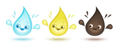 Su vektör ayarla ve petrol kawaii tarzda düştü. Şirin damla çizimi.