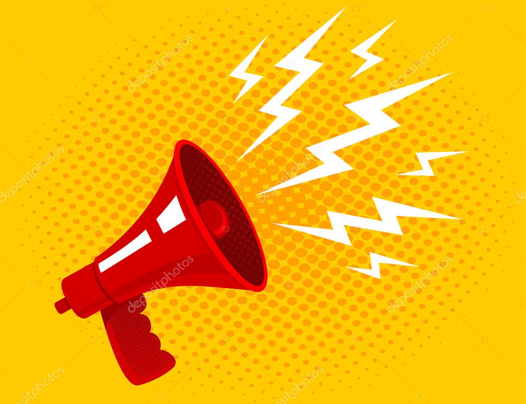 Vector vintage poster with red megaphone on yellow halftone background. Vector red megaphone.