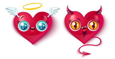 Vektör şeytan ve melek kalp. İki sevimli kalp Sevgililer günü kawaii tarzı. Kötü ve iyi Kalpler.