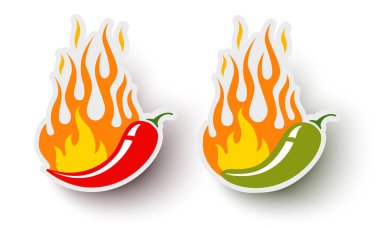 Vektör çıkartmaları biber ve sıcak jalapeno biber ayarlayın. Vektör logolar chili biber ile