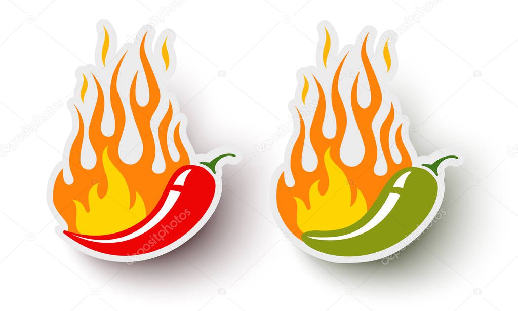 Vector set stickers of hot jalapeno and chilli peppers. Vector logos with chili pepper