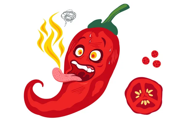 Illustration Vectorielle Piment Épicé Avec Flamme Sur Langue Caricature Chili — Image vectorielle