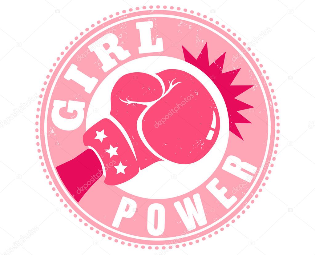 Vector vintage logo for a boxing with pink glove. Retro emblem for women boxing. Poster Girl power