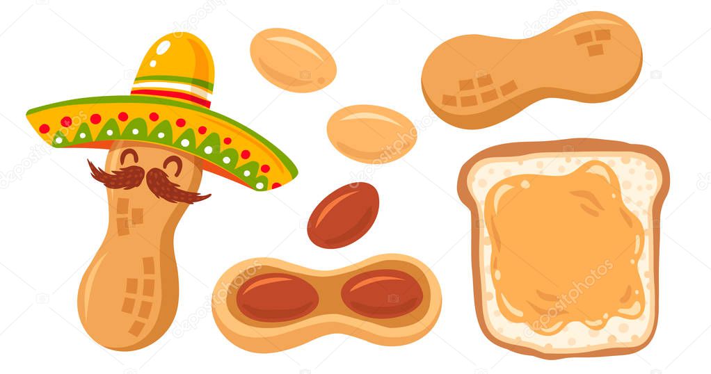 Vector illustration of set peanuts and peanut butter. Cute vector cartoons of peanut snack.