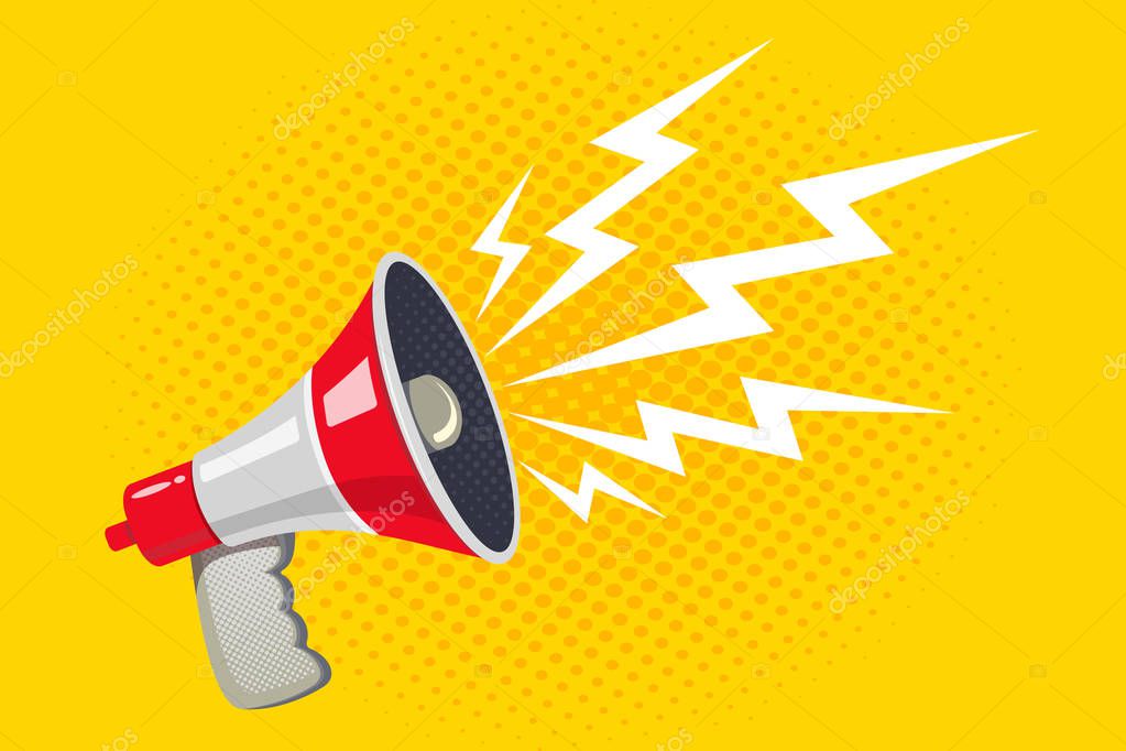 Vector vintage poster with violet megaphone on yellow halftone background. Vector retro megaphone.