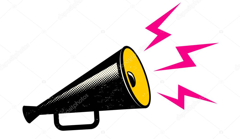Vector vintage poster with retro black megaphone. Black megaphone on white background.