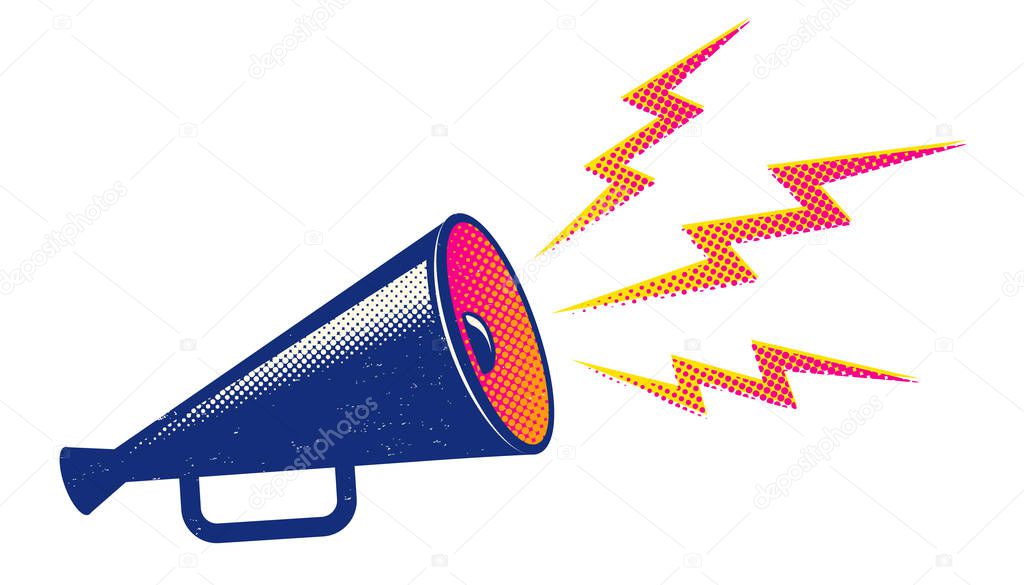 Vector vintage poster with retro blue megaphone. Retro blue megaphone on white background.