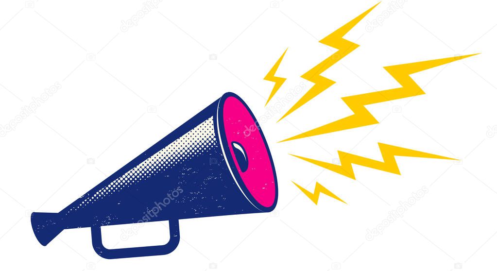 Vector vintage poster with retro blue megaphone. Blue megaphone on white background.