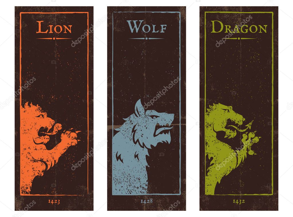 Vector set vintage posters with lion, wolf and dragon. Vintage banners with animals for game background.