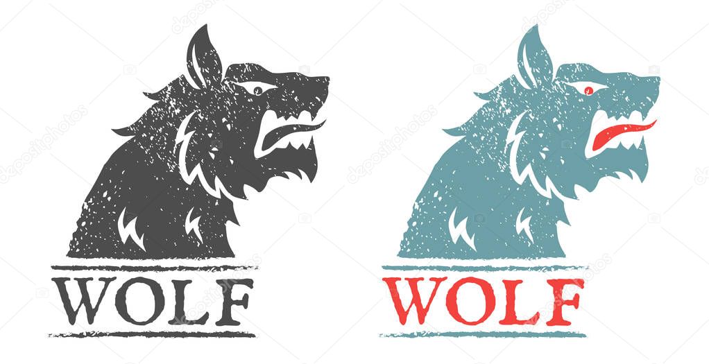 Vector vintage logo with wolf. Vintage emblem with angry wolf