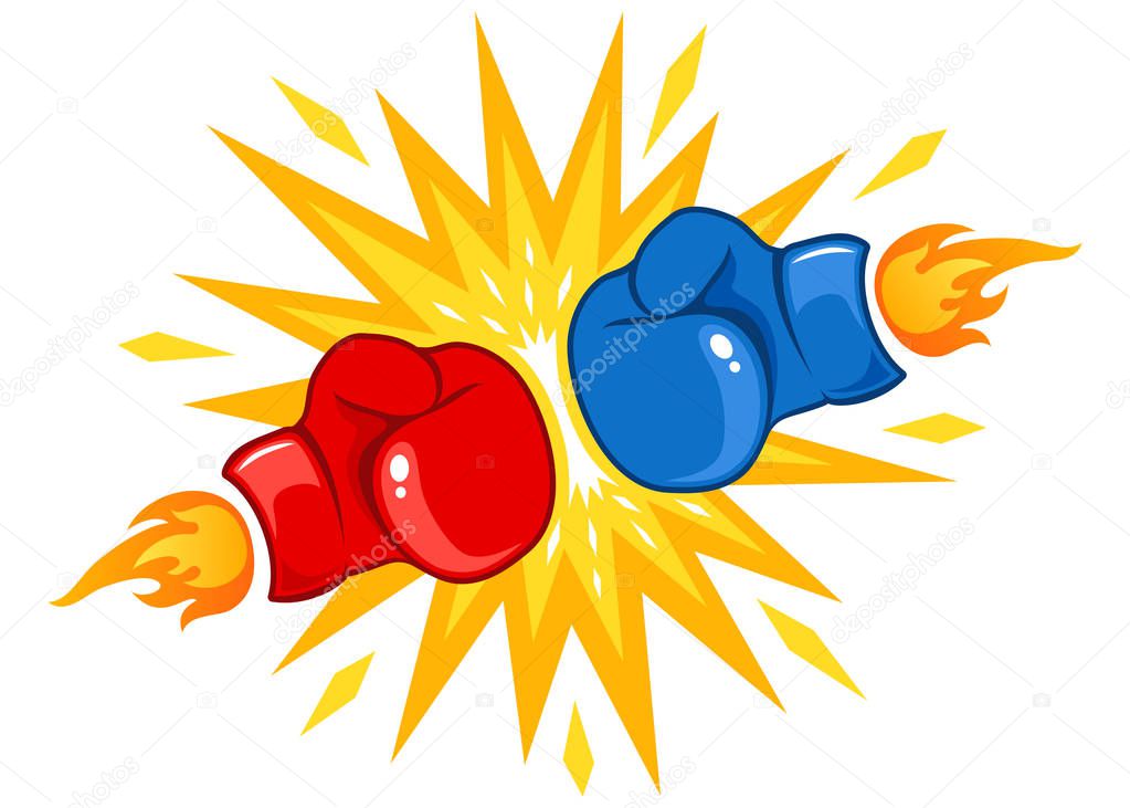Vector retro poster for a boxing with two gloves. Retro emblem for boxing with red and blue gloves with fire