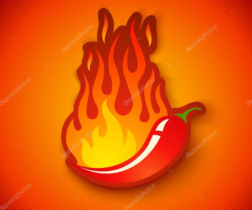 Vector chilli pepper in retro style. Vector vintage emblem with red chili pepper with flame. Chilli with fire on bright background.