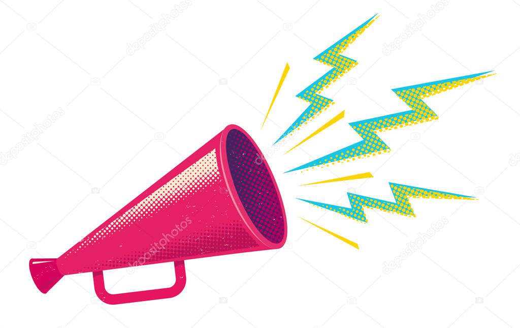 Vector vintage poster with retro pink megaphone. Retro pink megaphone on white background.