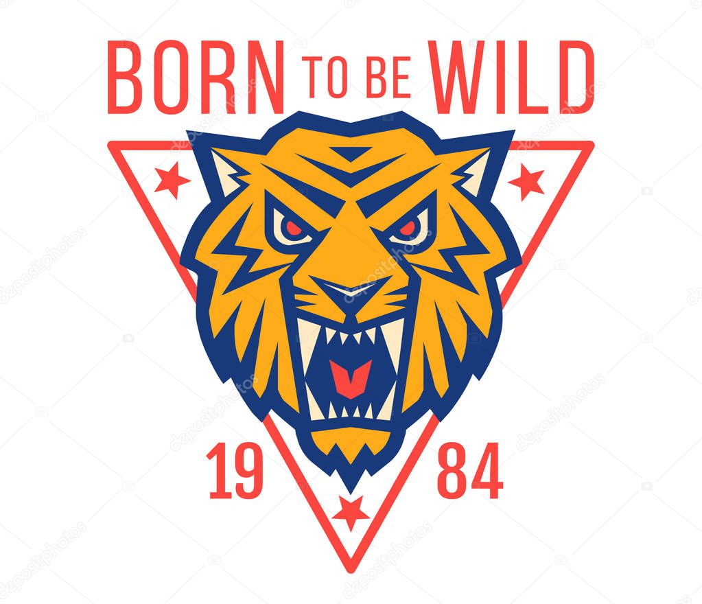 Vector retro sport logo with head of a tiger. Vintage print for t-shirt with angry tiger