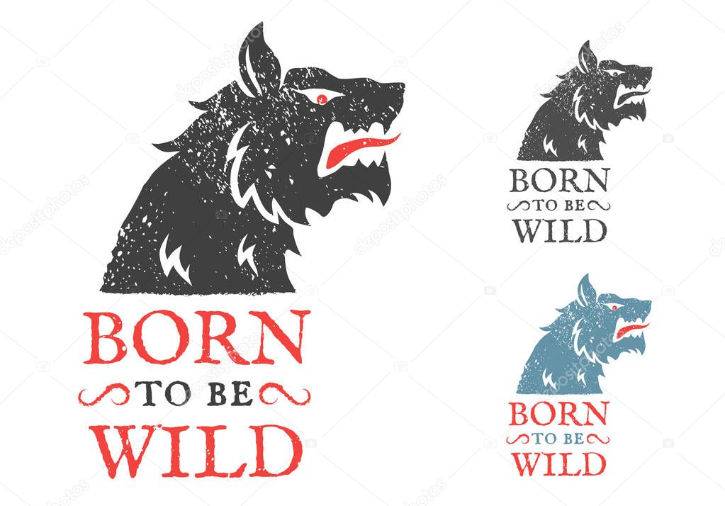 Vector vintage logo with wolf. Vintage emblem with angry wolf