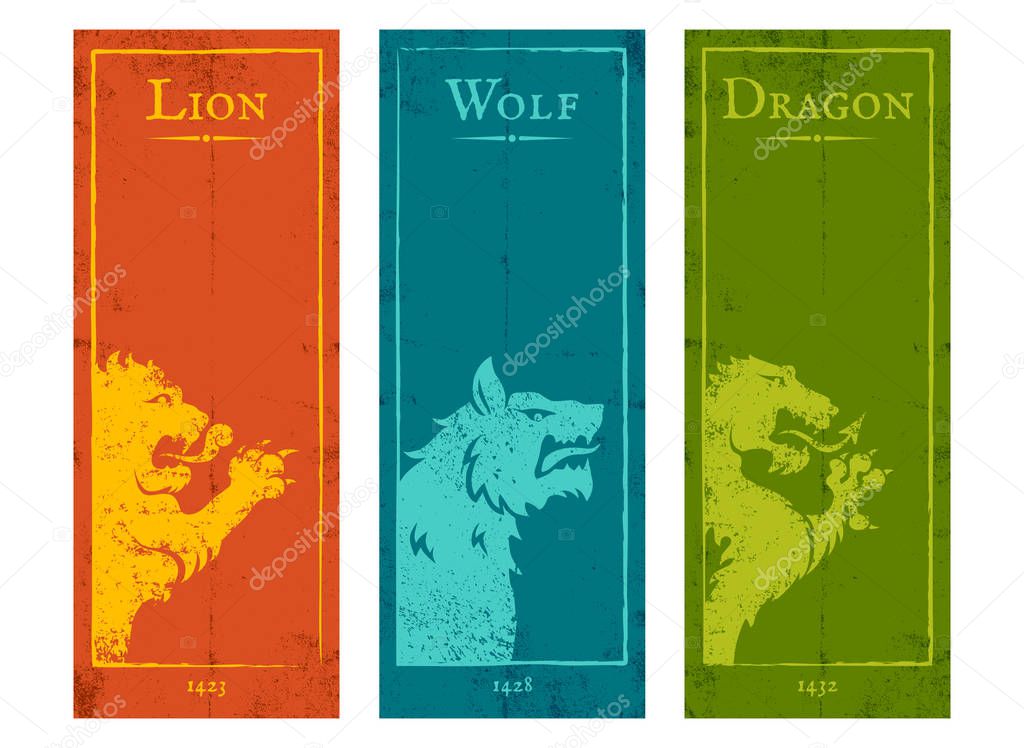 Vector set vintage posters with lion, wolf and dragon. Vintage banners with animals for game background.