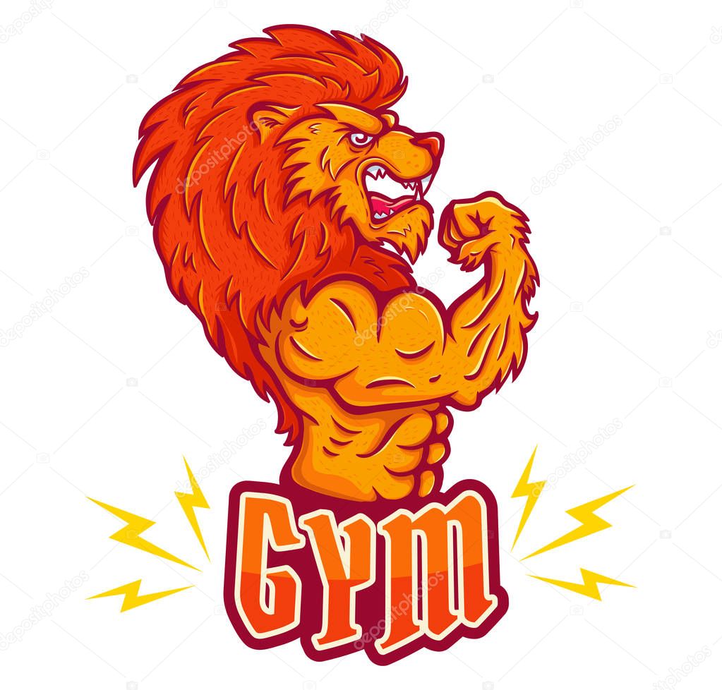 Vector illustration of a lion bodybuilder. Sport emblem with angy lion for gym or fitness club.