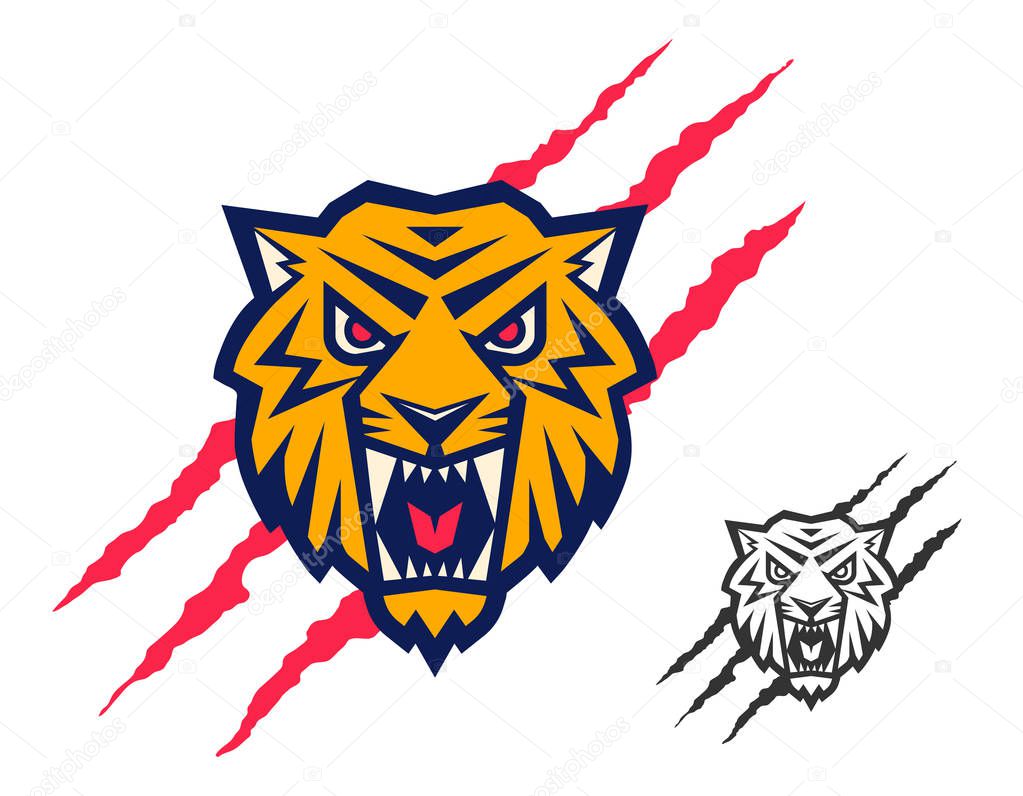 Vector retro sport logo with head of a tiger. Vintage print for t-shirt with angry tiger