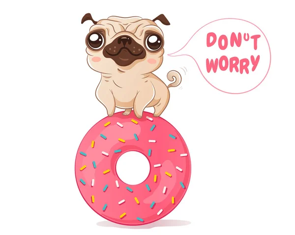 Mops und Donut im Kawaii-Stil — Stockvektor