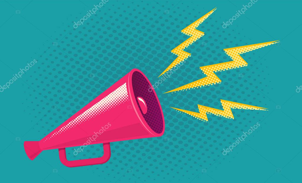 Vector vintage poster with retro megaphone on blue background. Retro megaphone on blue halftone background.