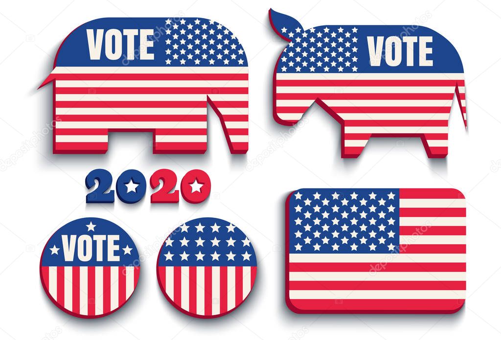 Vector animals donkey and elephant and american flag. Republican and democrat political parties USA. American political parties and USA flag.