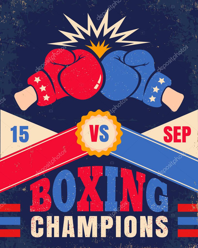 Vector vintage poster for a boxing with two gloves. Poster with emblem for boxing on old paper background.