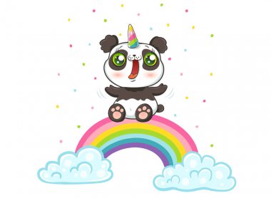 gökkuşağı üzerinde Unicorn boynuz ile Panda 