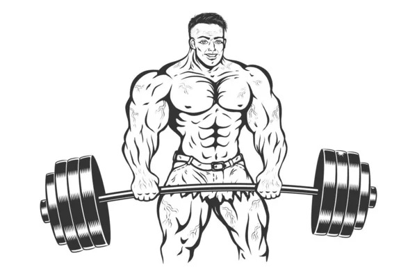 Vector Illustration Bodybuilder Barbell Vintage Cartoon Bodybuilder Powerlifter Strong Man — Stock Vector