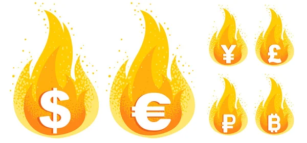 火の中の世界通貨のベクトルセット ユーロ ルーブル ポンドのベクトルセットのアイコン — ストックベクタ