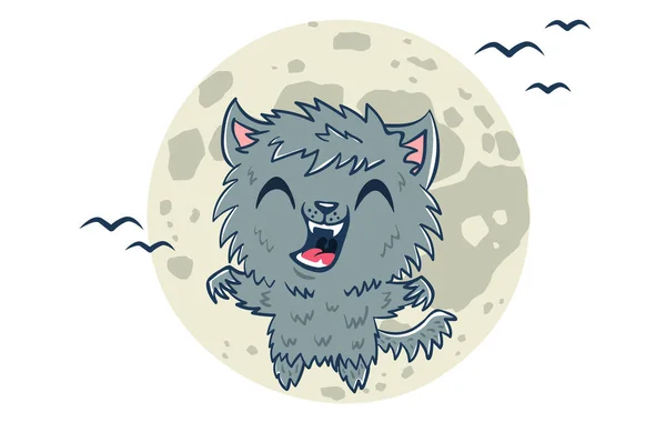 卡瓦伊风格的狼人的矢量图解 一个穿着狼人服装的可爱孩子的画像 万圣节怪物 — 图库矢量图片