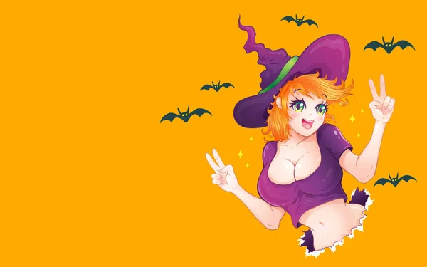 Ilustración Vectorial Una Bruja Para Halloween Estilo Manga Ilustración Vectorial — Archivo Imágenes Vectoriales