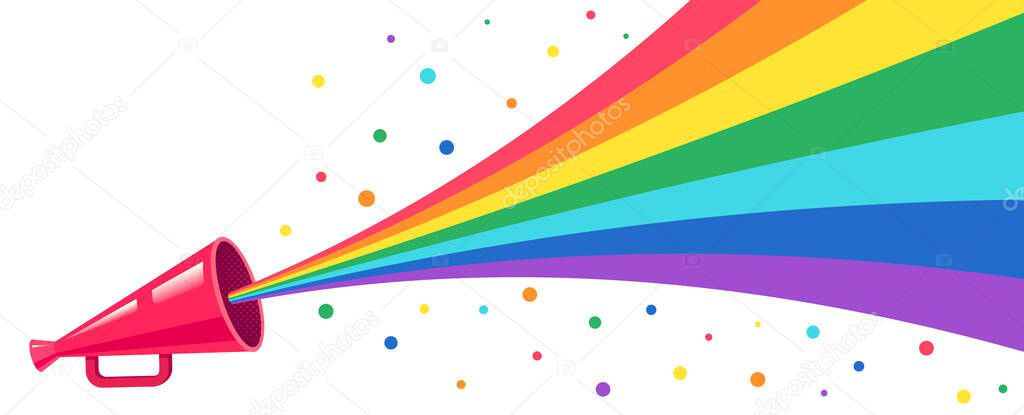 Vector vintage poster with retro megaphone with rainbow. Vector pink megaphone with rainbow colors.