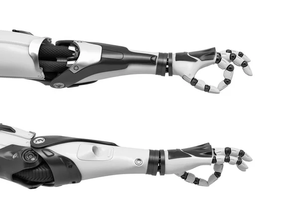 확인에 손으로 손가락으로 두 로봇 팔의 3d 렌더링 뒤로하고 손바닥의 앞면에서 제스쳐. — 스톡 사진