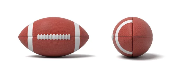 Rendering 3d di due palline ovali rosse per il football americano in vista frontale e laterale . — Foto Stock