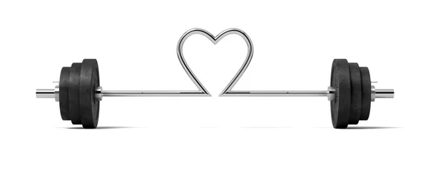 3d renderização de barra única com pesos pesados e a barra de aço torcida em forma de coração no centro . — Fotografia de Stock