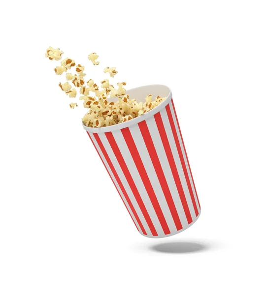 3D-weergave van een ronde gestreepte popcorn emmer opknoping in de lucht met popcorn vliegen eruit. — Stockfoto