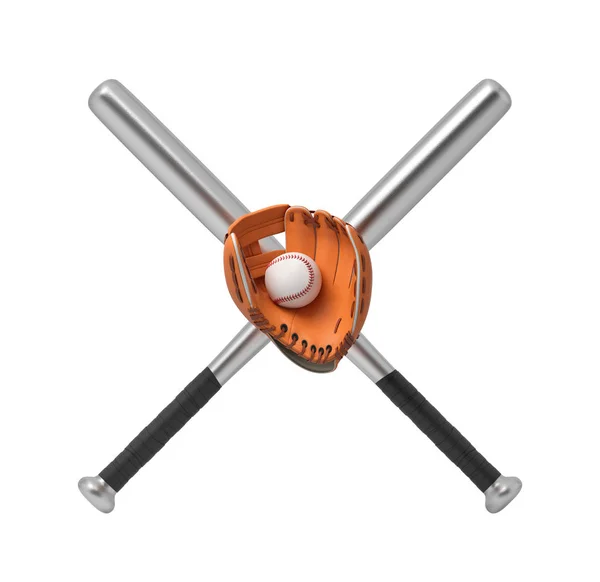 3D-Darstellung von zwei stählernen Baseballschlägern, die ein Kreuz mit einem Baseball machen, der in einem orangefarbenen Handschuh liegt. — Stockfoto