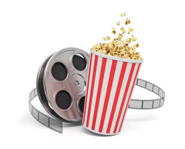 bir video reel video film büyük bir kova patlamış mısır tam germe ile 3D render.